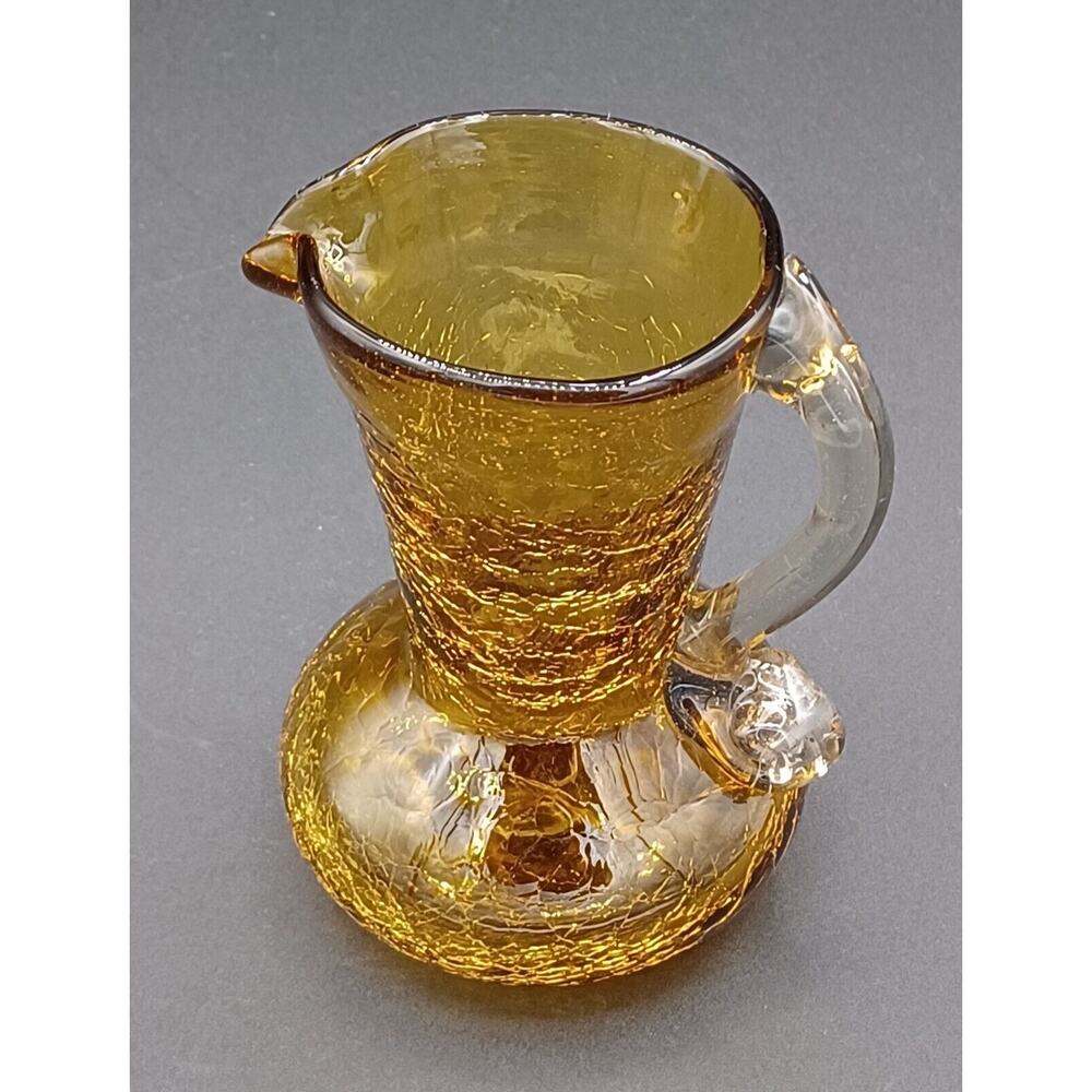 Vintage Pilgrim Hand Blown Amber Crackle Glass Mini Pitcher Creamer 3.25" Tall